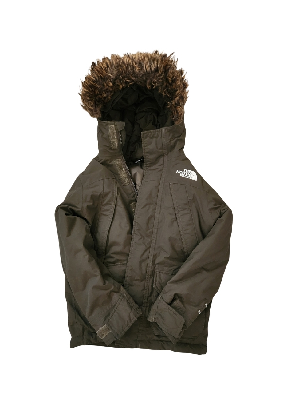 Boys The North Face Dark Olive Hooded Winter Jacket with Faux Fur Trim